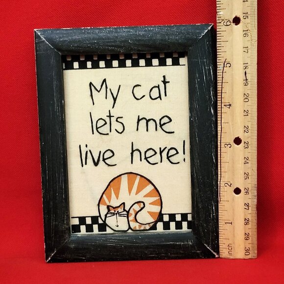 Distressed Framed Art Embroidered My Cat Lets Me Live Here - Picture 9 of 10